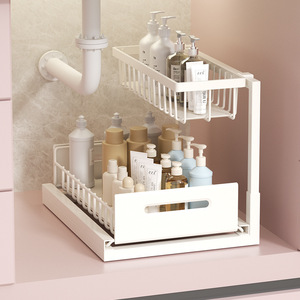 ตะกร้าเก็บของในตู้แบบดึงออกได้ วัสดุเหล็กกล้าคาร์บอนแบบมินิมอล สำหรับจัดระเบียบห้องครัว ชั้นวางของใต้ซิงค์ ที่วางขวดเครื่องปรุง - Product Image 2