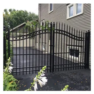 Hot Sale Black Powder Coated Steel Fence Gate Double Swing Wrought Iron Fence Gates