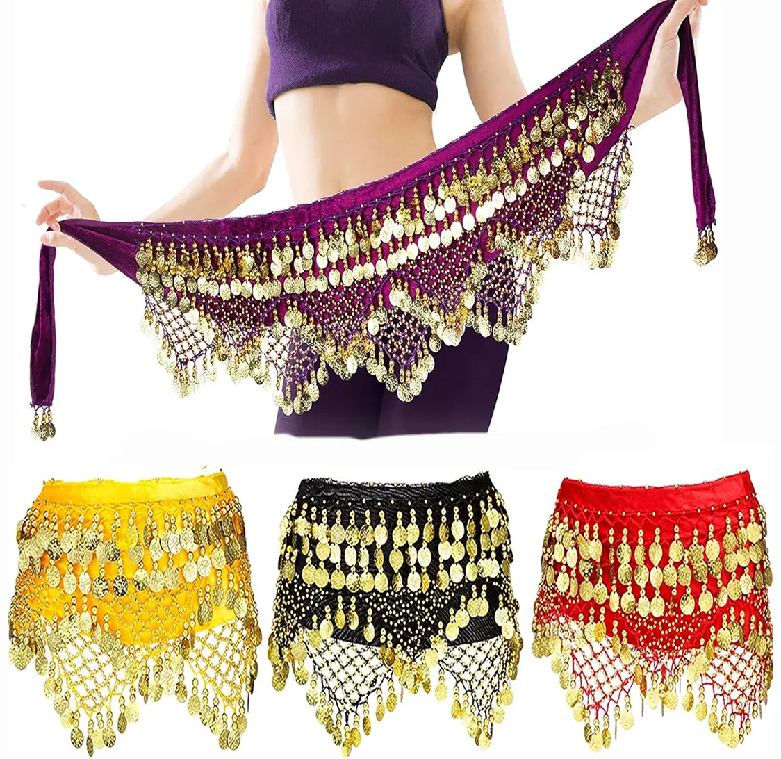 Q31055 Latin Samba dance Belly Dance Skirt Hip with Dangling Gold Coins Belly Dancer Costumes for Women Girls