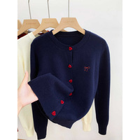 Cardigan en tricot brodé à col rond et nœud, manches longues, style coréen décontracté pour femme, pull d'intérieur automne-hiver