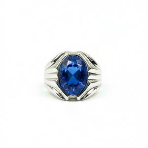 Men's Designer 925 Sterling Silver Bezel Setting Oval Cut Synthetic Blue Sapphire Gemstone Handmade Third Party Certified - Product Image 1