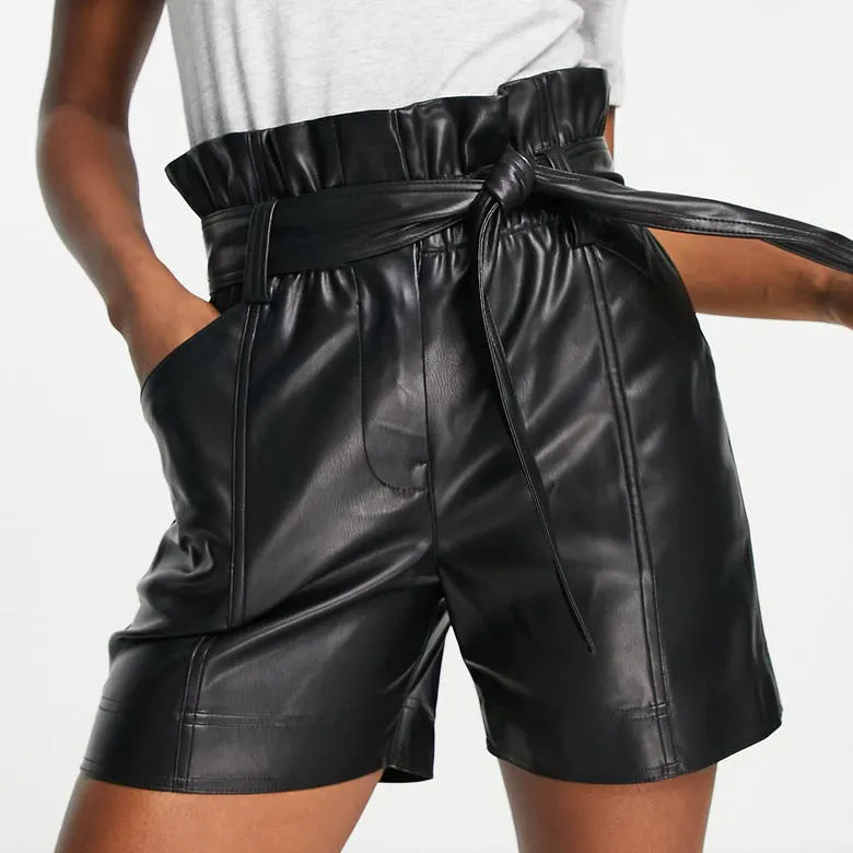 Fashion PU faux leather short High Waist fashion black solid Color female women's Loose Casual Shorts