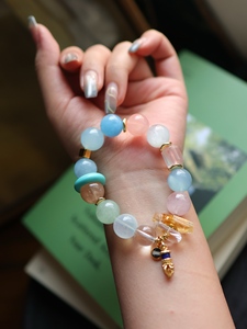 สร้อยข้อมือลูกปัดมอร์แกไนต์หลายสีขนาด 14 มม., สร้อยข้อมืออะความารีน โรสควอตซ์ อะเมโซไนต์ รูทิเลตควอตซ์ พร้อมทองแดงชุบทอง - Product Image 5