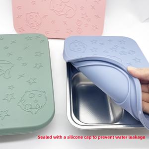 Elegante lonchera cuadrada de acero inoxidable 304 con 4 compartimentos y tapa de silicona, ideal para estudiantes. - Product Image 3