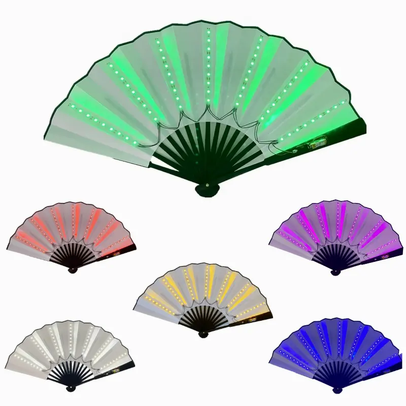 Estoque Colorido 13ins Levou Mão Fan Folding Light Up Bambu Decorativo Rave Flash Fan Para Festa