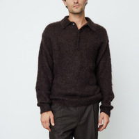Vente en gros Design personnalisé Polo en tricot mohair à manches longues pour hommes, couleur unie, fausse fourrure, pelucheux, col boutonné