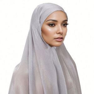 Châle islamique d'hiver en mousseline pour femme, foulard hijab instantané effet soie, bonnet long - Product Image 4