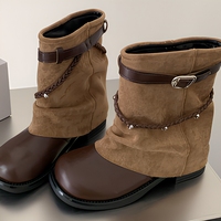 Bottes mi-mollet souples pour femmes, bout rond, semelle plate, boucle, sangle tressée, bottes de style western, 2 couleurs