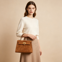 Sac à main de luxe en cuir suédé PU vintage OEM d'usine, sac fourre-tout élégant pour femme avec fermoir métallique hexagonal, sac à bandoulière formel à poignée supérieure