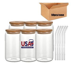 USA Warehouse in Stock 16oz 500ml Large Cola Beer <b>Drinking</b> Borosilicate Glass Can Cup with Bamboo Lid and <b>Straw</b> - Product Image 1