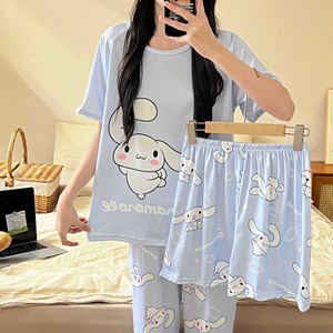 Ciao Kitys donna grazioso cartone animato 3 pz Set pigiama per Sanrio Anime Cinnamoroll Kuromi pantaloni elasticizzati a maniche corte - Product Image 4