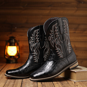 Stivali da <span class=keywords><strong>uomo</strong></span> in pelle neri con fibbia, stile western, senza decorazioni, in PU artificiale marrone, con lacci, altezza al ginocchio, taglie 38-48 - Product Image 3