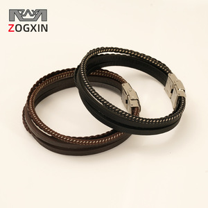 Leather Cord Braided Bracelet Men's Stainless Steel Multi Layer Black Coffee Everyday Wear Jewelry - Product Image 2