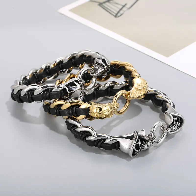 Punk style Men Gold Plated Jewelry Stainless Steel Leather Weave Skeleton Bracelet Hip Hop Exquisite Skull Charm Bracelet