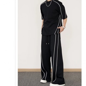 Trajes de Verano para Hombre de 2 Piezas, Camiseta de Manga Corta + Pantalones Largos, Color Sólido, Cuello Redondo Tipo Polo, Pantalones con Cintura Elástica, Chándal - Product Image 3