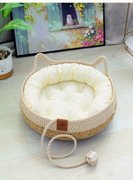 Nid pour chat en bambou tressé, avec jouet intégré en forme de balle, coussin portable, adapté à toutes les saisons, nid tressé pour chat et chien