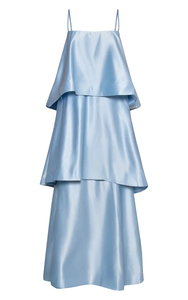 Robe longue en satin bleu clair à bretelles spaghetti, coupe trapèze à volants, élégante pour les fêtes d'été, coupe ample, couleur unie, tissu tissé - Product Image 3