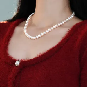 Natural Freshwater Real Pearl White 6-7mm Necklace 925 silver collarbone chain garment accessory women's fashion jewelry