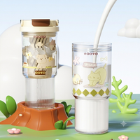 Bouteille d'eau en plastique de 700 ml avec paille, motif animal de dessin animé, double ouverture, anti-fuite, scellée, portable, pour le sport