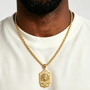 <b>Crown</b> Lion <b>King</b> Shield Charm Luxury Custom Engravable 316L Stainless Steel 18K Gold Plated Thick Twist Rope Mens Pendant - Product Image 2