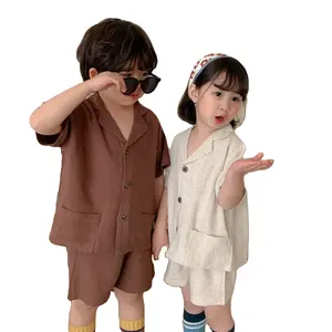 Customization Linen Tracksuits Kids Summer Short Sleeve Casual Child Track Sets Cardigan Shorts Linen Children Clothing Sets