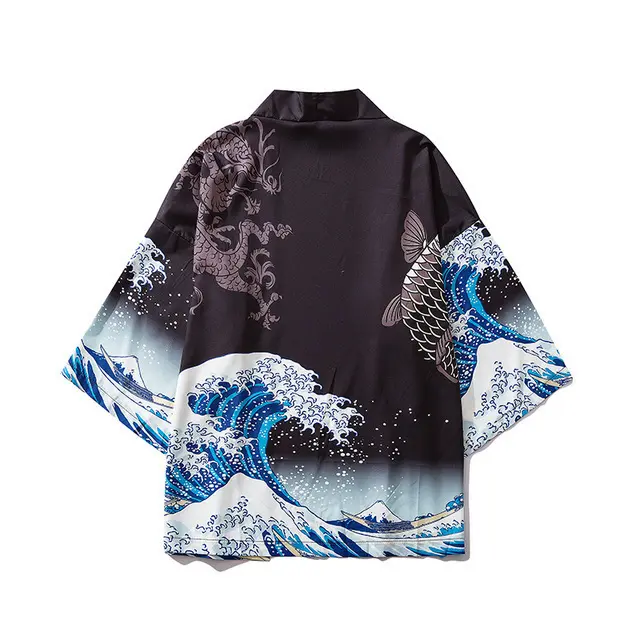 Black Kimono Cardigan Women Men Japanese Obi Male Yukata Men's Haori Japanese Wave Carp Print Coat Traditional Japan Clothing