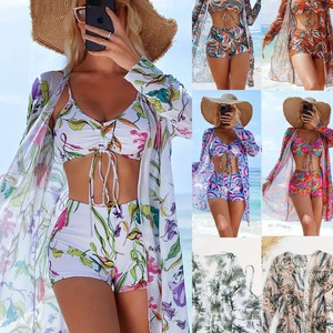 Fabrika Satışları Kadın Üç Parçalı Dantel V Yaka Nefes Alabilen Push-Up Yüksek Bel Plaj Mayosu Moda Baskılı Bikini Bluz Şort - Product Image 3