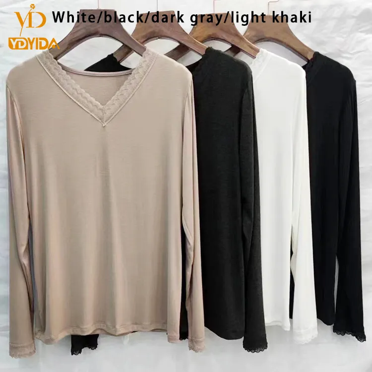 2021 Hot Sale High Quality Autumn Lightweight Soft V- Neck Long Sleeve Women T Shirt