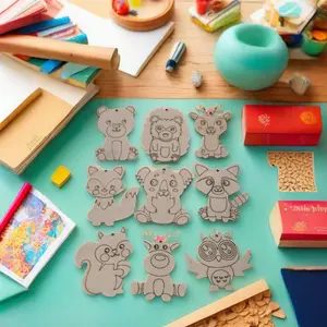 Hand-Painted Cartoon Animals Decorative Wood Chips Includes Elephants Squirrels Bears On Polished Plywood Technique