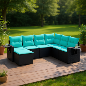 Set di divani da giardino in polyrattan nero da 7 pezzi con cuscini, eleganti mobili da esterno - Product Image 2