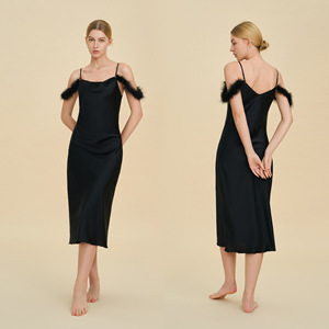 Abito da <span class=keywords><strong>Notte</strong></span> con Rifiniture in Piume Effetto Raso, Vestito a Sottoveste con Spalle Scoperte per la <span class=keywords><strong>Notte</strong></span> di Nozze - Product Image 3