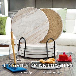 6Pcs Non-Slip Marble Style Ceramic Absorbent <b>Drink</b> <b>Coasters</b> Holder Set 4 Inches Diameter 5mm Thickness Round Modern Design - Product Image 2