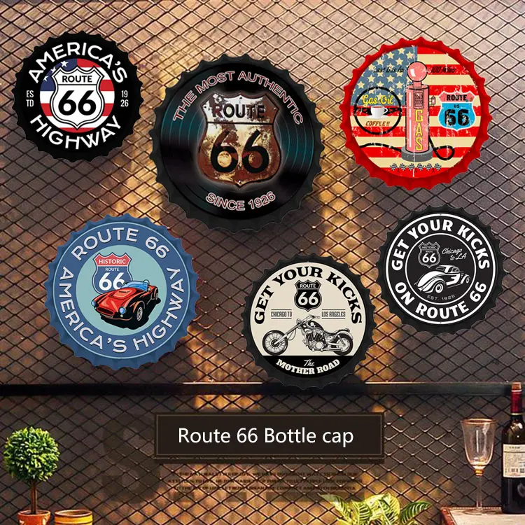Ruta 66-Decoración de botellas, tapas de lata de Metal, decoración de pared, Bar, café, 30CM de diámetro, bandeja, arte de pared Vintage, cartel de metal