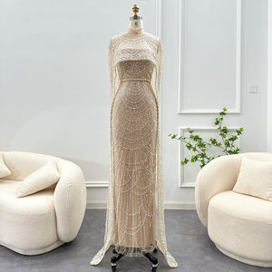Scz097 Luxuriöses Champagnerfarbenes Dubai-Abendkleid mit Perlen und Cape, Neues Arabisches Meerjungfrauenkleid für Damen, für Hochzeit, Party und Abschlussball - Product Image 5