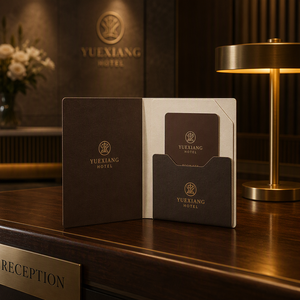 Cartelline Porta Tessere Personalizzate Marrone Scuro con Stemma in Lamina Dorata e Pannello 'Goditi il Tuo Soggiorno' per Set Hotel - Product Image 2