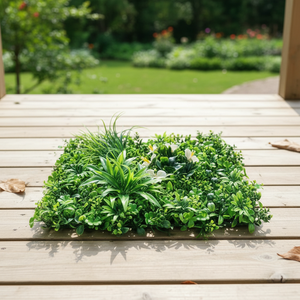 Pannello Murale Vegetale Artificiale K3 50x50cm, Resistente ai Raggi UV, Fogliame Misto Realistico in Plastica con Fiori <span class=keywords><strong>Bianchi</strong></span> per Interni/Esterni Verticali - Product Image 1