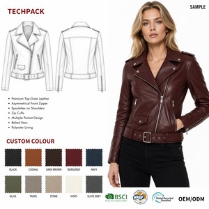 Custom OEM <strong>Burgundy</strong> Belted Biker Structural Belted Hem Epaulette Shaping Seams Asymmetric Zip <strong>Leather</strong> <strong>Jackets</strong> for Women - Product Image 1