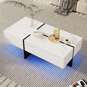 Tavolino da Caffè Lucido con Illuminazione LED e Cassetti <span class=keywords><strong>Effetto</strong></span> <span class=keywords><strong>Marmo</strong></span> Bianco Tavolo Centrale per Soggiorno - Product Image 2
