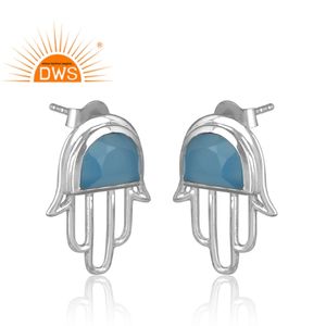 Pendientes de Plata de Ley con Calcedonia Azul, Diseño de Mano de Hamsa, Proveedor de Joyería, Colección Clásica - Product Image 2