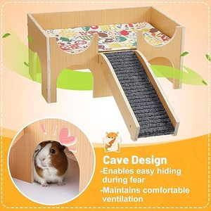 Casa de Madera para Cobayas con Escaleras y Cama, Diseño Floral, Hábitat Transpirable para Animales Pequeños - Product Image 1