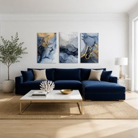 Triptyque d'art mural abstrait bleu marine et or, impression sur toile à l'encre d'alcool fluide, texture marbrée, décoration moderne océanique pour salon