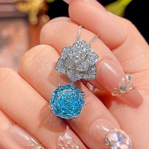 Fashion Eco-friendly Copper Rose Cut 12mm Sea Blue Zircon Party Floral Pendant <b>Earrings</b> <b>Set</b> Jewelry <b>Set</b> for Women Sparkly Party - Product Image 5
