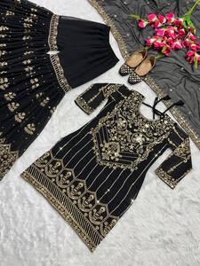 ชุดคุर्ตา ชารารา ปาลาซโซ พร้อมผ้าคลุมไหล่ แบบดั้งเดิมสไตล์บอลลีวูด สำหรับงานปาร์ตี้ ผ้าจอร์เจตต์เทียมเนื้อหนา ราคาสุดคุ้ม - Product Image 5