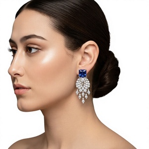 Luxury 18K 14K <b>Gold</b> Plated Blue Sapphire Bridal Chandelier Earrings Round Diamond Earrings Square Gemstone Dangle Earrings - Product Image 2