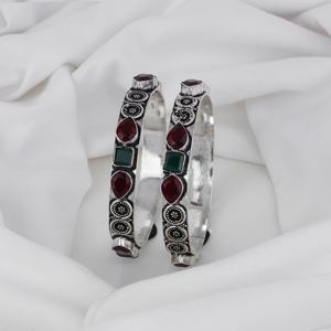 Classic Style Antique Finish 925 Silver Kada Bangles Handcrafted Ethnic Jewelry with Colorful Natural <b>Crystal</b> Detailing - Product Image 1