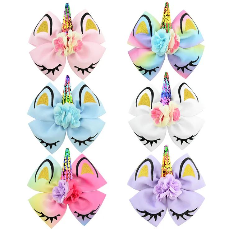Glitter Hair Bows With Horn for Girls Sequin Flower Hair Clip School Kids Party Hairgrips Hair Accessories