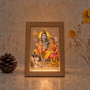 Hindu God Shiva Parvati Family Acrylic Wooden Frame Modern Warm White LED Night <strong>Light</strong> USB <strong>Table</strong> Decor for Housewarming Pooja - Product Image 1