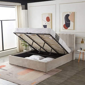 <span class=keywords><strong>Lit</strong></span> plateforme King Size avec tête de <span class=keywords><strong>lit</strong></span> à dossier haut en <span class=keywords><strong>velours</strong></span> <span class=keywords><strong>beige</strong></span>, rembourré, avec rangement hydraulique à vérin à gaz - Product Image 3