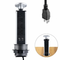 US-Standard Einbau-Tischsteckdose Versteckt 10A Silber Aluminiumlegierung Steckdosenleiste 3 Steckdosen Doppel-USB 15W 2 Anschlüsse Tisch-Liftsteckdose