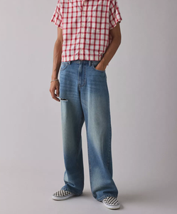 بنطلون جينز رجالي من القطن المغسول الداكن، قابل للتنفس، بقصة واسعة من الأسفل، بأزرار، لون رمادي، خصر منخفض مائل، مناسب للصيف والشتاء والخريف - Product Image 1